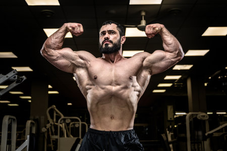strong young caucasian man with beard showing powerful biceps arms muscle posing in dark fitness gym