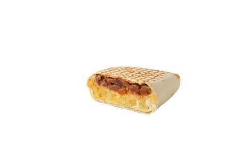 traditional mexican cuisine dish otacos with cheese potato and fried beef meat filling sauce tortilla cut on white isolated backgroundの写真素材