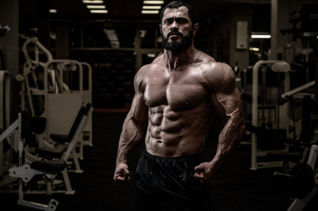 powerful young strong bearded male with athletic body in gym at nightの写真素材