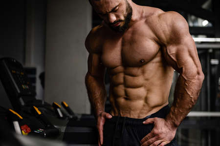 young bearded athlete bodybuilder male with aesthetic muscular body physique with beautiful abdominal chest and arms muscle in sport fitness gymの写真素材