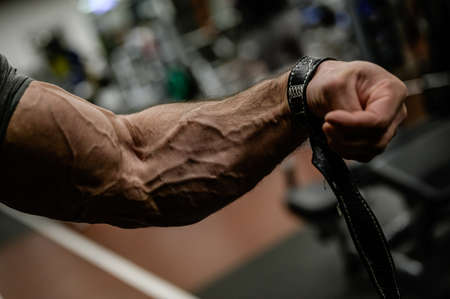 strong forearm with vein and strap of bodybuilder athlete male during sport fitness gym trainingの写真素材