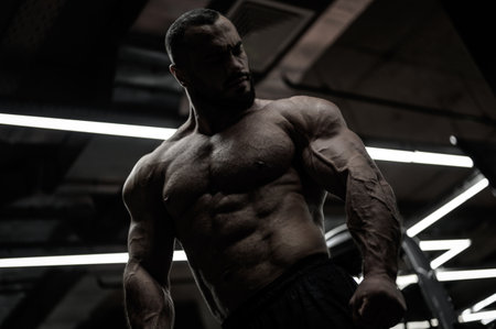 strong young bearded male with powerful bodybuilder body in dark night sport gymの写真素材