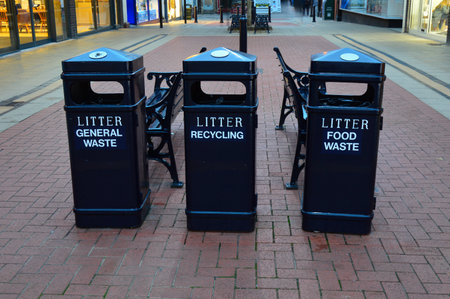 Three public waste bins on pedestrian street in Lichfieldの写真素材