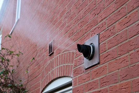 Boiler Exhaust Vent Emitting Steam Against Red Brick Wall