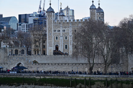 Tower of London castle against modern city skyline background