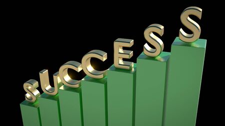 SUCCESS written in 3D golden letters on top of green chart poles going up. Moving up, business, financial success. 3D render.の写真素材