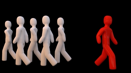 GOING OWN WAY. A red figure going the opposite way from the white figures. 3D render.の写真素材