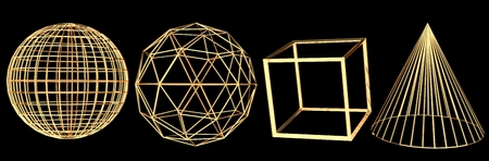 Set of gold wireframe 3D objects isolated in black background.