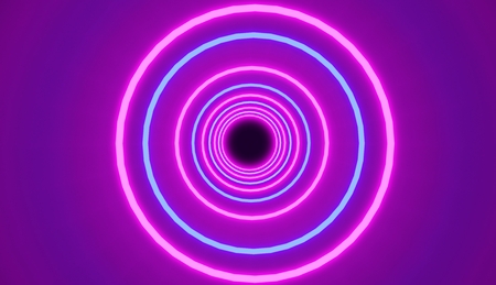 Pattern of blue and pink glowing neon circles, render, retro style.の写真素材