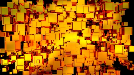 Gold shining cubes abstract decoration. Can be used as a wallpaper, background texture, border for text in the center.の写真素材