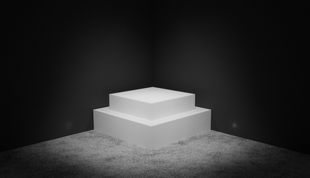 3D render of a white pedestal in black studio for presentations.の写真素材