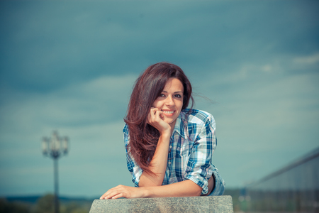 Positive hipster girl. Portrait of a pretty hipster girlの写真素材