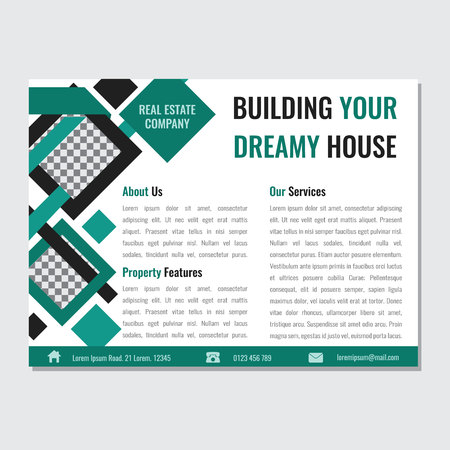 Real estate business horizontal leaflet template vector design with green rhombus color illustrationのイラスト素材