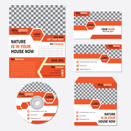 Real estate business brochure, cd cover and card template set. Vector design with orange hexagonal abstract color.のイラスト素材