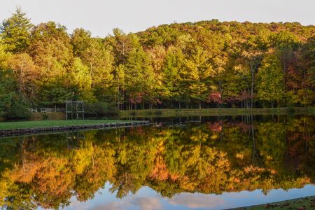 Blacksburg, Virginia, USA: Reflection of forest beside the pond under blue sky at Glen Alton...
