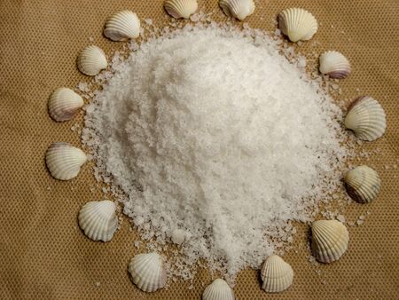 Sea salt surrounded by shells on brown backgroundの写真素材