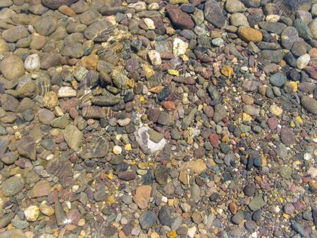 Clear water of river under sunlight. River stones in the clear river water. Background of river colored stones under water. Top view.の写真素材