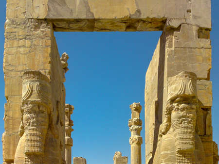 Shiraz, PERSEPOLIS, IRAN: The great entrance to All Nations Gate (Xerxes Gate) in Persepolis archaeological site with giant statues of Lamassu protective deities. Ancient city Persepolis- one of UNESCO World Heritage Sites in Shiraz , Iran.のeditorial素材