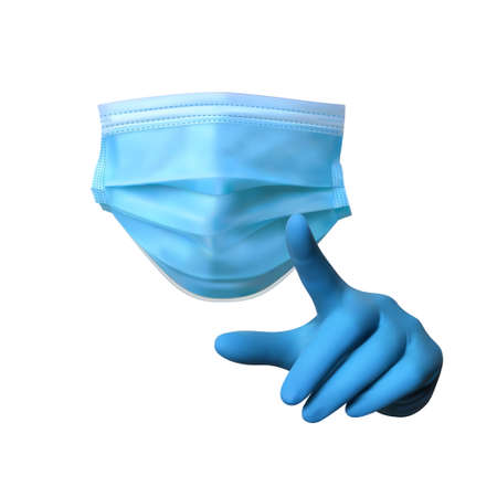 Medical mask and hand with a gloved index finger. 3D vector graphicsのイラスト素材