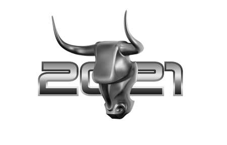The muzzle of an iron white bull. 2021 year. 3d vector illustrationのイラスト素材