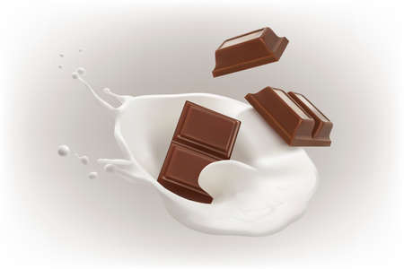 Pieces of chocolate bar fall into milk. 3d illustrationの写真素材