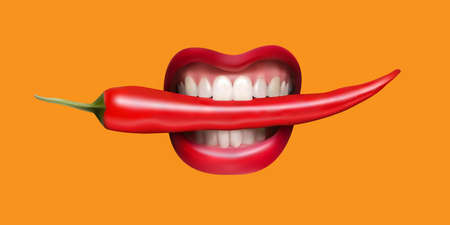 Red hot chilean pepper in human teeth. Illustrationの写真素材