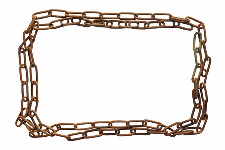 Old and rusty chain laid out on a white background in a rectangular frame. Ready element for design.の写真素材