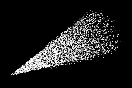 Abstract vector white round ash particles on black background. Spray effect. Scatter exploding falling white drops.のイラスト素材