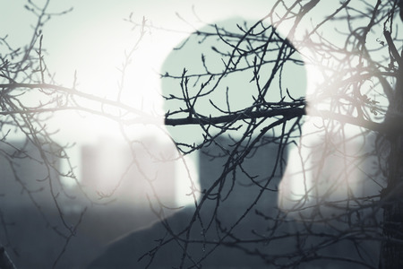 Young man. City in the background. Tree branchesの写真素材