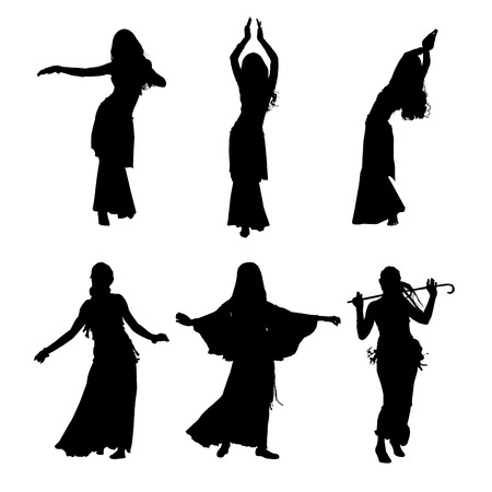 Young girl dancing belly dance. Silhouette of girl dancing Arabic dance. Set of silhouettes. Vector illustrationのイラスト素材