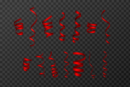 Red Curling Stream. Set realistic serpentine for design. Transparent Background. Vector Illustrationのイラスト素材