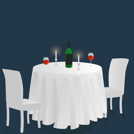A romantic date. A romantic dinner for two. A table with a white cloth. Vector illustration.のイラスト素材