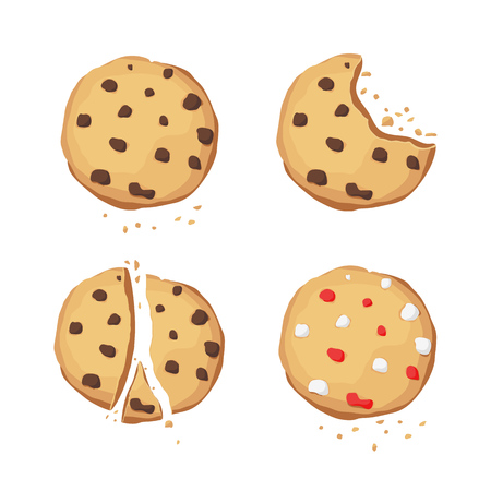 A set of chocolate cookies. Bitten, broken. Choco cookie icon. Vector illustration.のイラスト素材