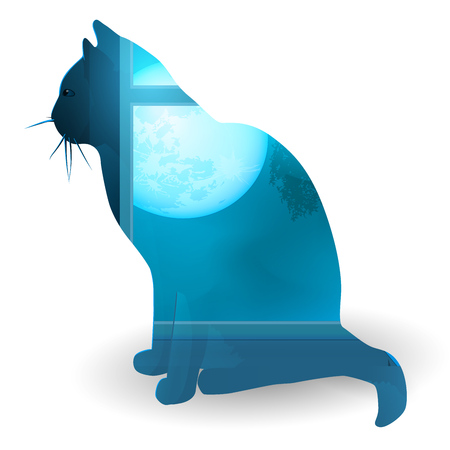 Multiple exposure. Silhouette of a seated cat and a window with a moon. Beautiful night sky in a window.のイラスト素材