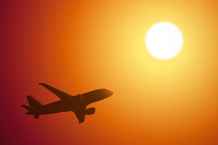 Airplane in the sky at the beautiful sunset. Vector illustration.のイラスト素材