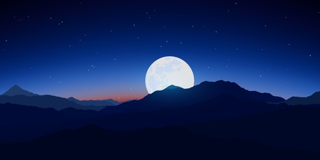 Night mountain landscape with a beautiful sky. Landscape with a big moon behind the mountains. Realistic vector illustration.のイラスト素材