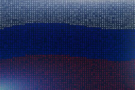 Background with Cyrillic symbols. Russian hackers. Background with the Russian flag. Vector...