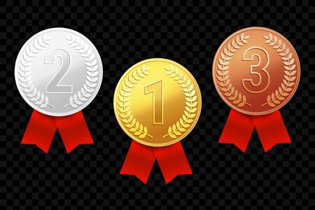 Gold, silver and bronze award medals with red ribbons. Vector illustrationのイラスト素材
