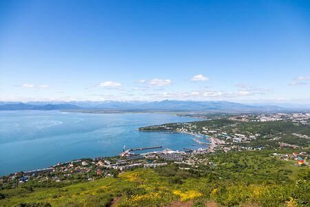 Aerial view of the city of Petropavlovsk-Kamchatsky, Kamchatka Peninsula, Russia.の写真素材