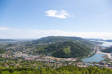 Aerial view of the city of Petropavlovsk-Kamchatsky, Kamchatka Peninsula, Russia.の写真素材