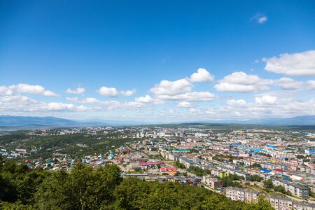 Aerial view of the city of Petropavlovsk-Kamchatsky, Kamchatka Peninsula, Russia.の写真素材