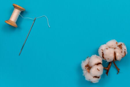 Cotton flowers, spool of thread and needle. Accessories for sewing. Top view with copy space, flat lay.の写真素材