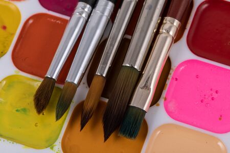 Set of watercolor paints and synthetic brushes for painting. Drawing process.