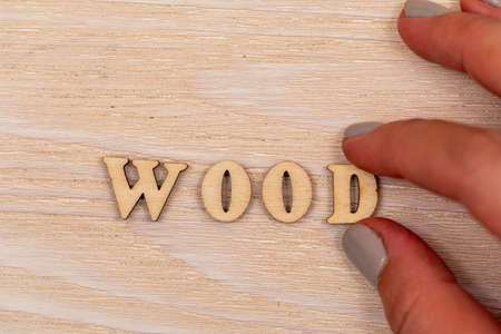 Wood word written in wooden alphabet letters on wooden background. Text on the table for design or...