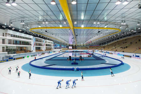 ISU European Speed Skating Championships. Athlete on ice. Classic speed skating or short track. Single race or team sprint. KOLOMNA, MOSCOW REGION, RUSSIA - JANUARY 07, 2018.のeditorial素材