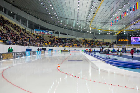 ISU European Speed Skating Championships. Athlete on ice. Classic speed skating or short track. Single race or team sprint. KOLOMNA, MOSCOW REGION, RUSSIA - JANUARY 07, 2018.のeditorial素材