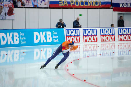 ISU European Speed Skating Championships. Athlete on ice. Classic speed skating or short track. Single race or team sprint. KOLOMNA, MOSCOW REGION, RUSSIA - JANUARY 05, 2018.のeditorial素材