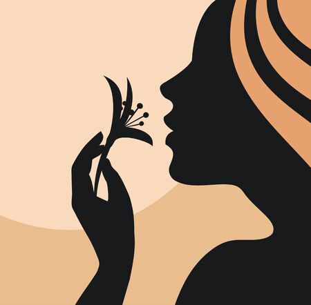 Young woman silhouette with flower in handのイラスト素材