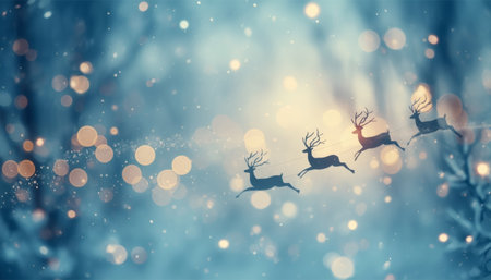 A magical winter scene featuring silhouettes of reindeer leaping across a blurred, icy blue backdrop, twinkling with festive lights. An AI-generated image, perfect for holiday cheer!の素材