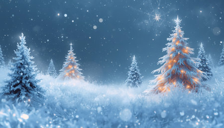 Snow-laden pine trees sparkle with warm light in a serene winter scene. A magical, peaceful atmosphere invites tranquility. AI-generated image.の素材